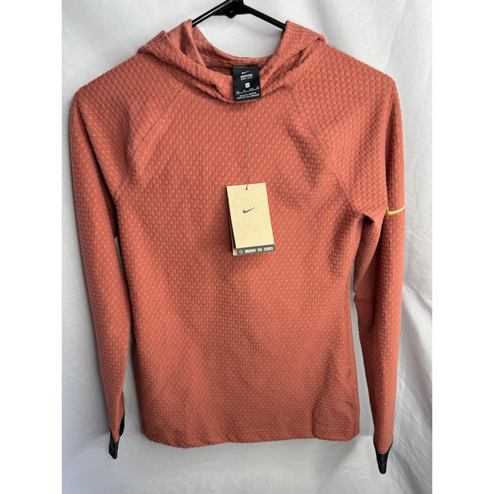 Nike Pro Dri-FIT Womens Textured Waffle Knit Hoodie Rust Orange XS DQ5590-822